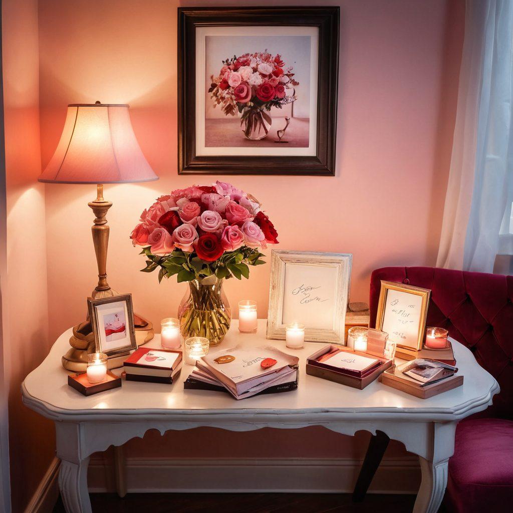 A beautifully arranged scene featuring a cozy, warmly lit room filled with thoughtful and personalized gifts, such as custom-made photo frames, hand-written letters, and unique handcrafted items. In the center, a heart-shaped table displays a bouquet of flowers and a handmade card, symbolizing love and affection. Soft lighting and a gentle ambiance create an inviting atmosphere. The background features soft hues of pink and red, signifying romance and warmth. super-realistic. vibrant colors. warm lighting.