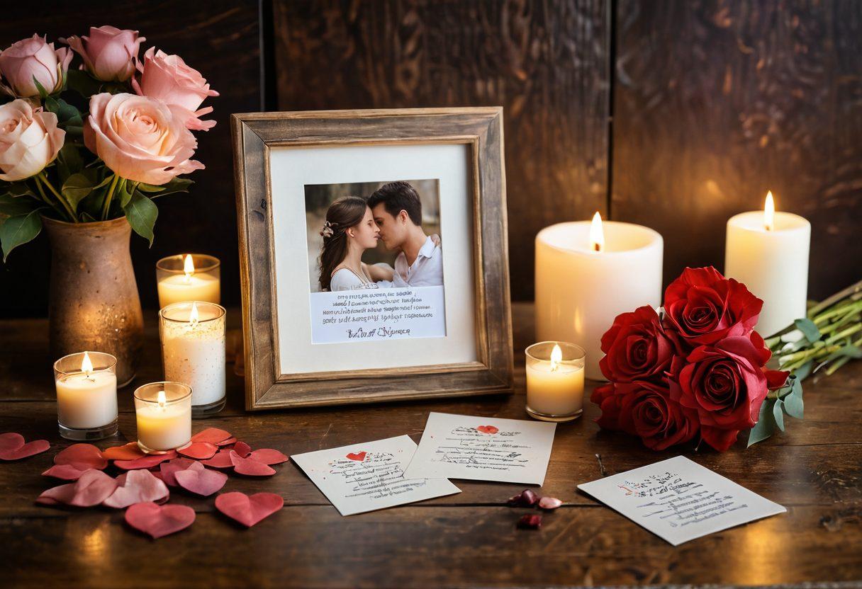 A beautifully arranged collection of unique, heartfelt gifts symbolizing love milestones, such as elegant photo frames, personalized jewelry, and handmade love notes, set on a rustic wooden table. Soft, warm lighting enhances the romantic atmosphere, with delicate flower petals scattered around the gifts. In the background, a cozy scene featuring a couple sharing a tender moment, creating a perfect blend of romance and creativity. dreamy, warm colors. soft focus.