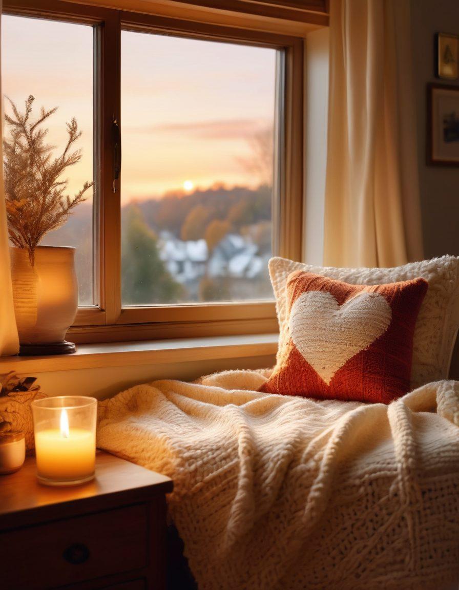 A cozy, warmly lit room filled with various personalized gift items, like hand-written notes, handmade crafts, and thoughtful trinkets, all around a beautifully wrapped gift showcasing a heart symbol. Soft textures like knitted blankets and pillows are present, infusing a sense of comfort and love. In the background, a window reveals a gentle sunset, casting a golden glow. whimsical illustration. vibrant colors. soft focus.